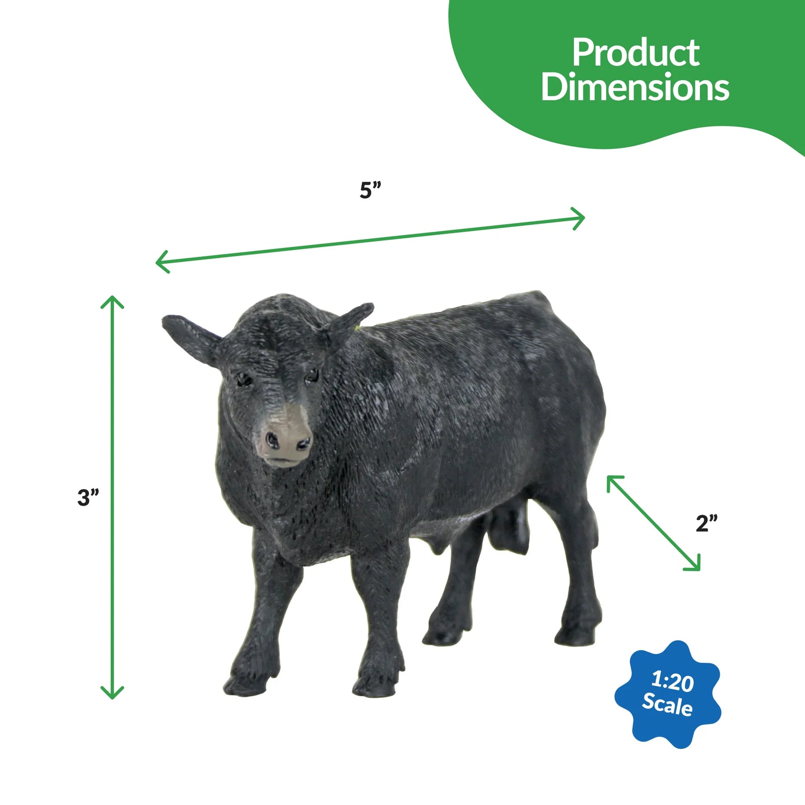 Big Country Toys Angus Bull. Black bull figurine with dimensions labeled on a white background