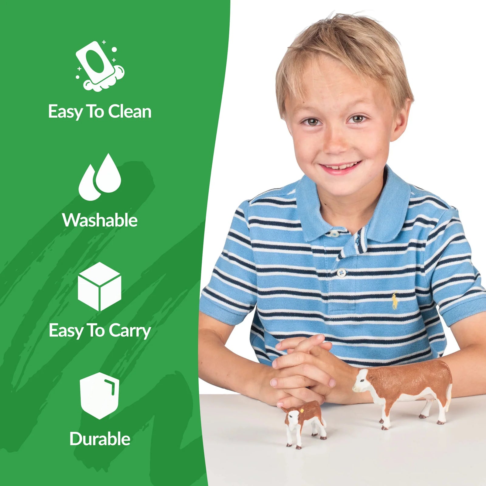 Big Country Toys Hereford Cow & Calf. Child playing with toy cows next to a green panel with product features on a white background