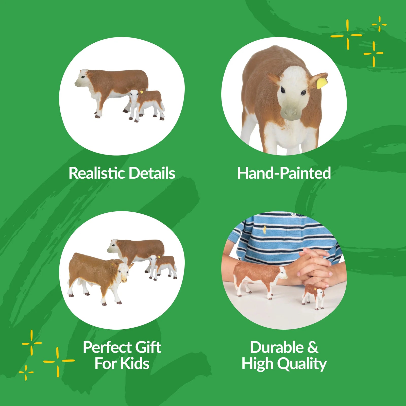 Big Country Toys Hereford Cow & Calf. Cattle figurines with features highlighted on a green background