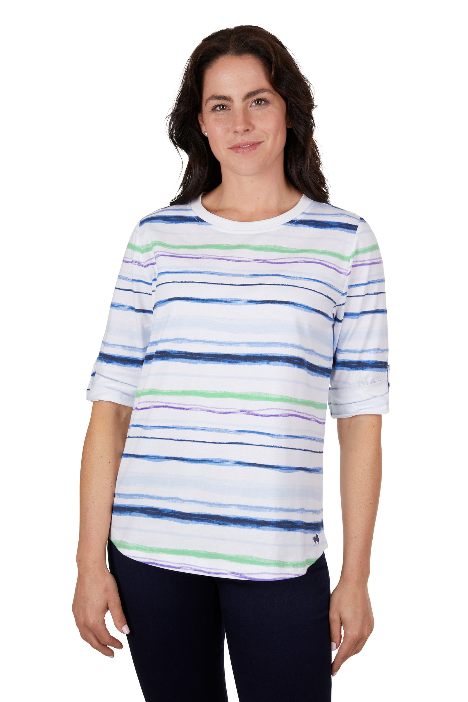 Thomas Cook Women's Nadia 3/4 Sleeve Tee. A woman wearing a Thomas Cook Women's Nadia 3/4 Sleeve Tee with horizontal blue and white stripes.