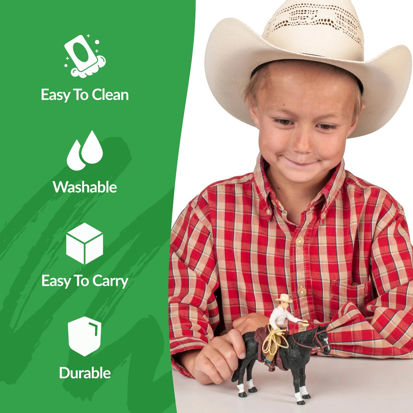 Big Country Toys Cowboy. Child playing with toy cowboys and horses, with features listed on a green background.
