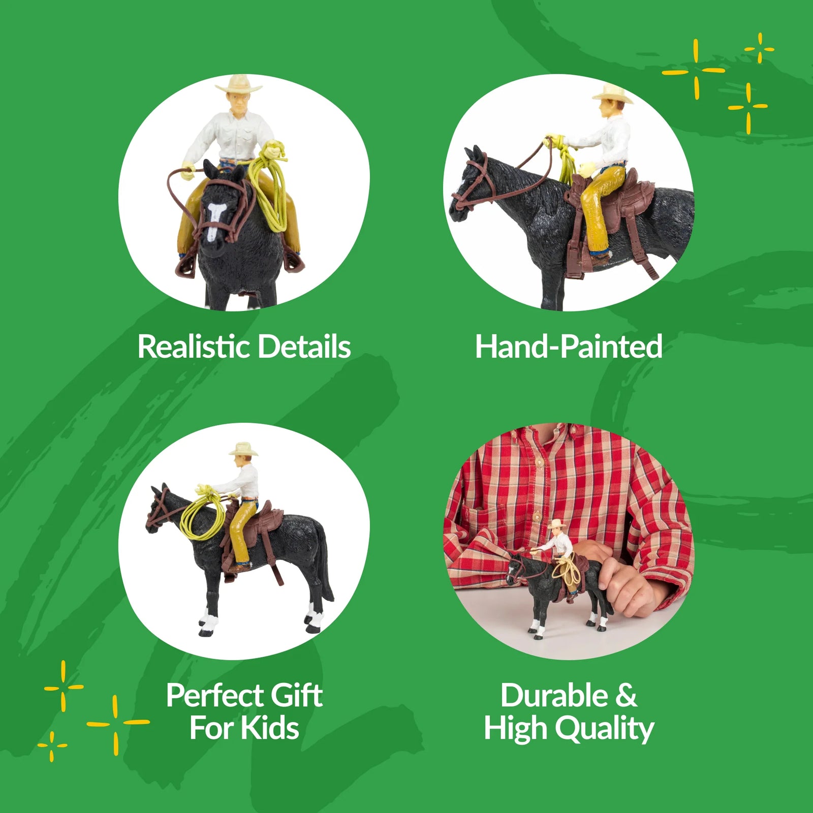 Big Country Toys Cowboy. Toy figure of a cowboy on a horse with text highlighting features on a green background
