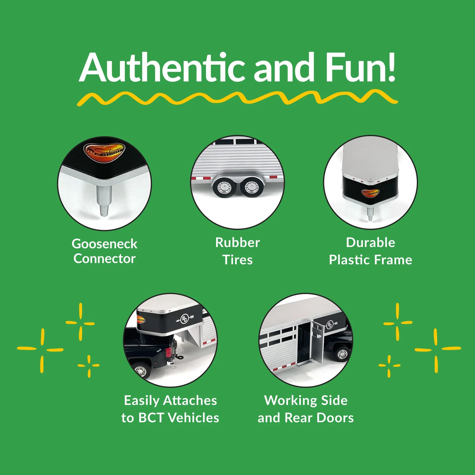 Big Country Sundowner Livestock Trailer. Promotional graphic highlighting features of a trailer on a green background with text 'Authentic and Fun!'.