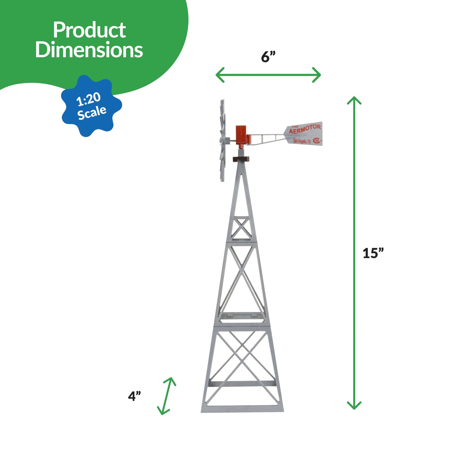 Big Country Toys Aeromotor Windmill. Illustration of a windmill with dimensions labeled on a white background