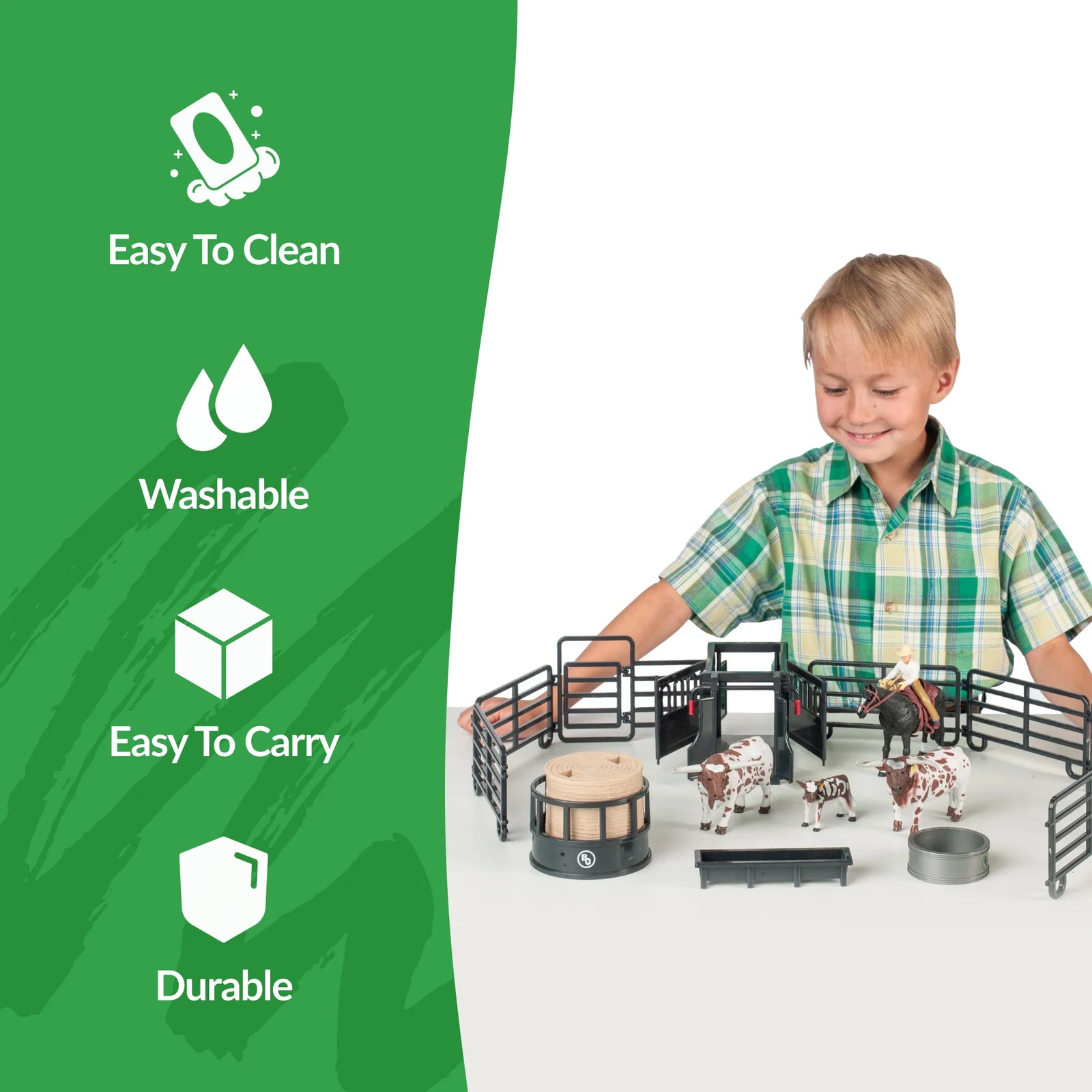 Big Country Toys 16-Piece Large Ranch Set. Child playing with a farm toy set on a white background, with green sidebar highlighting features.