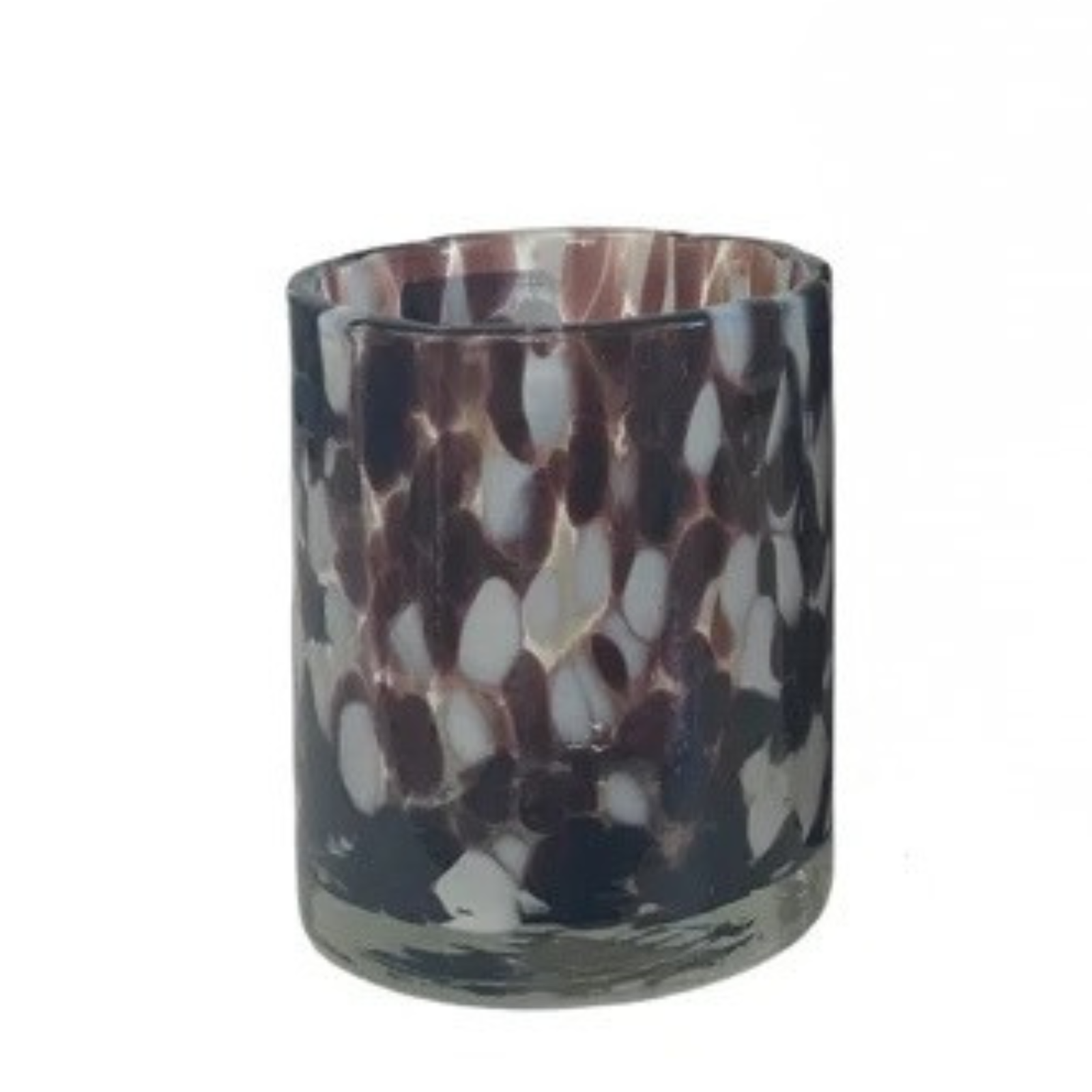 A small cylindrical glass candle holder or tumbler with a hammered texture, featuring a dark brown and white pebble pattern, shown on a plain white background.