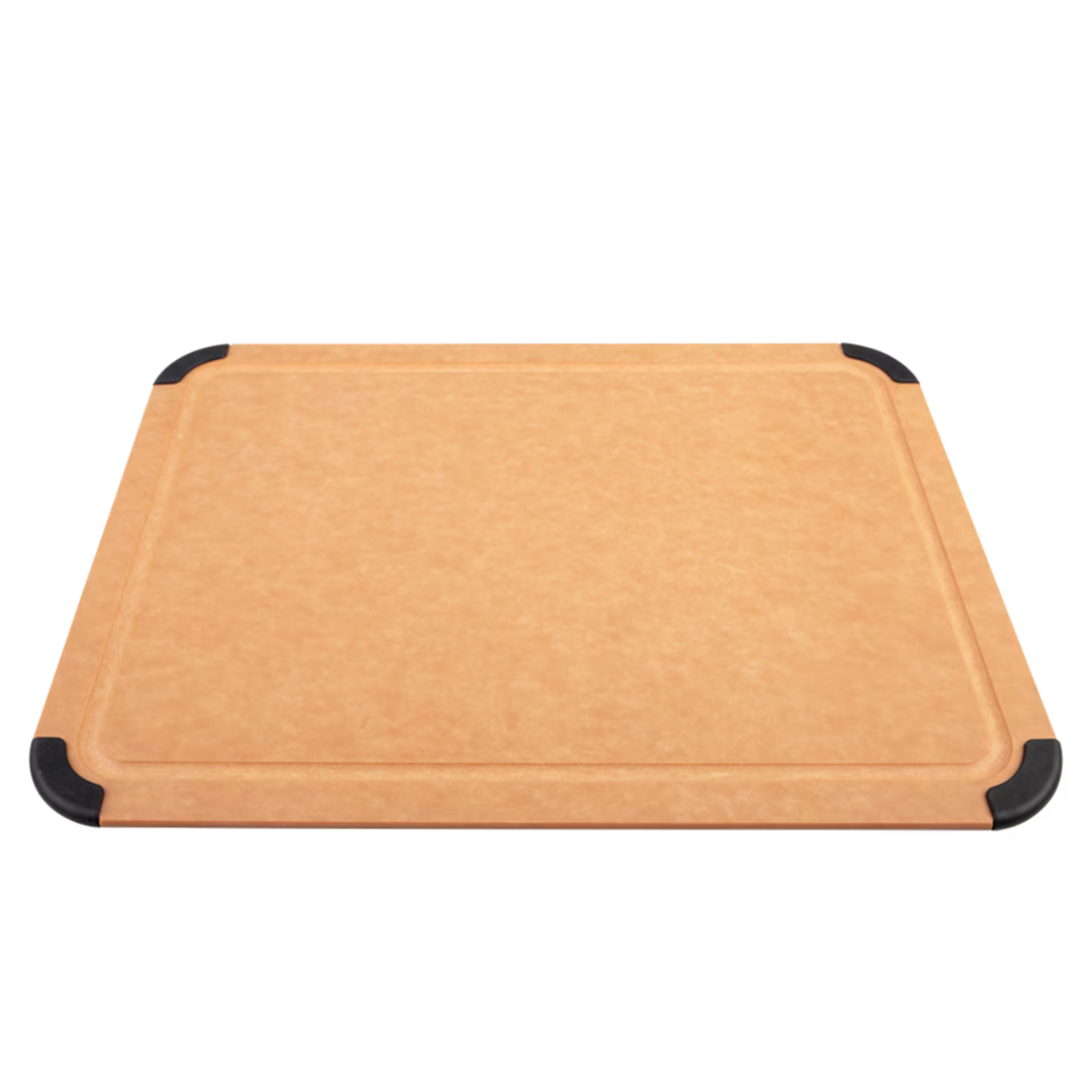 Brown cutting board with black edges on a white background