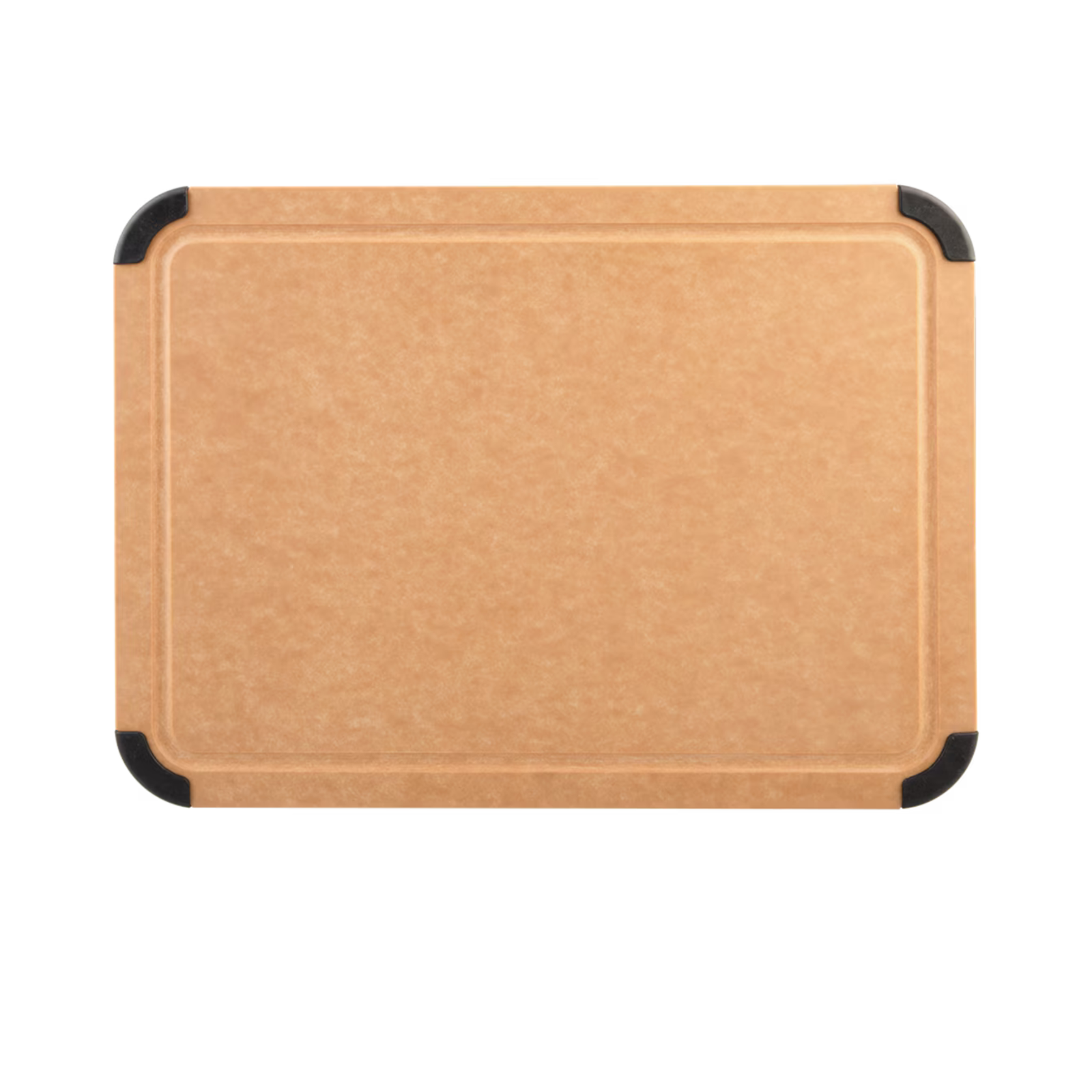 Brown cutting board with black corners on a white background
