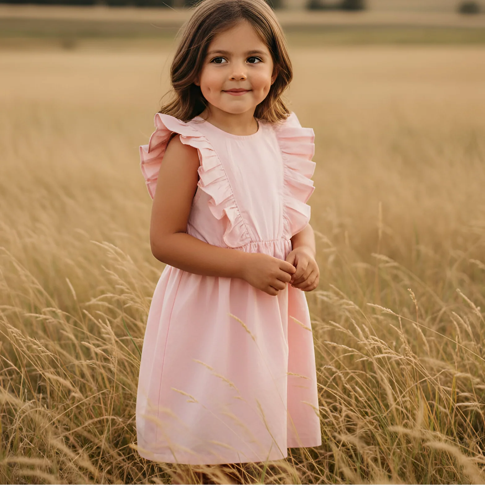 A young girl with brown hair stands in a field of golden wheat, wearing a light pink sleeveless dress with ruffled shoulders and a gathered waist.
