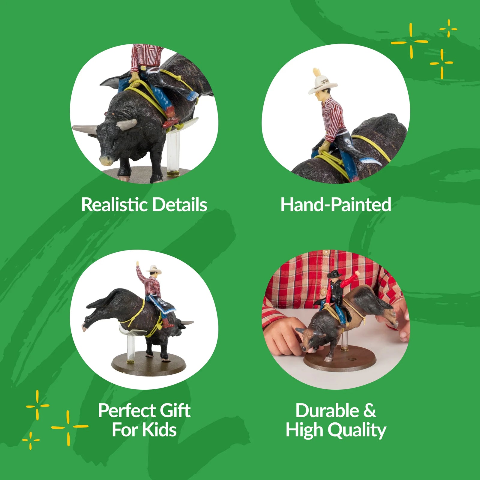 Big Country Toys Lane Frost & Red Rock. Promotional image of toy figures on a green background with text highlighting features.