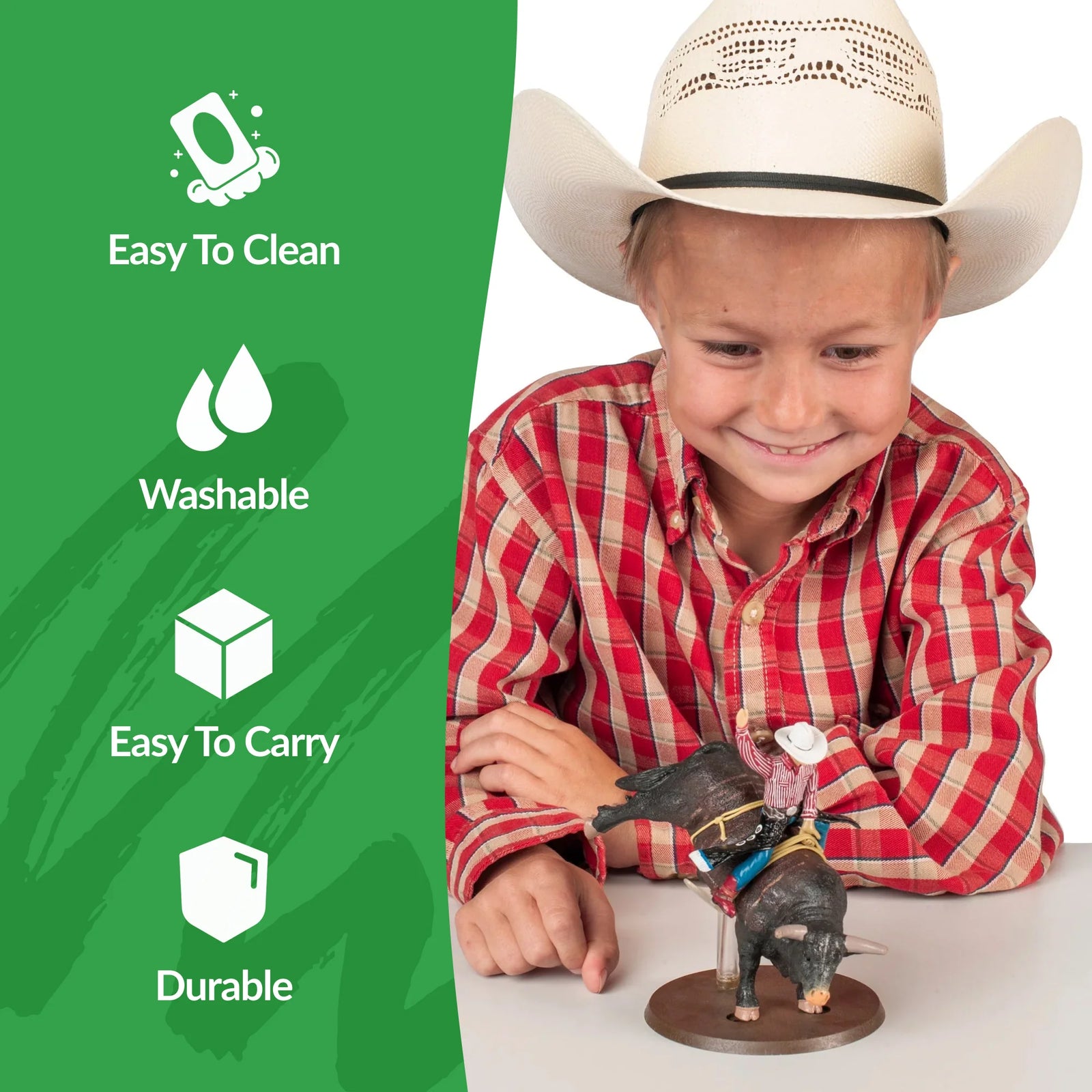 Big Country Toys Lane Frost & Red Rock. Child in cowboy hat with toy cow, green sidebar with product features, white background