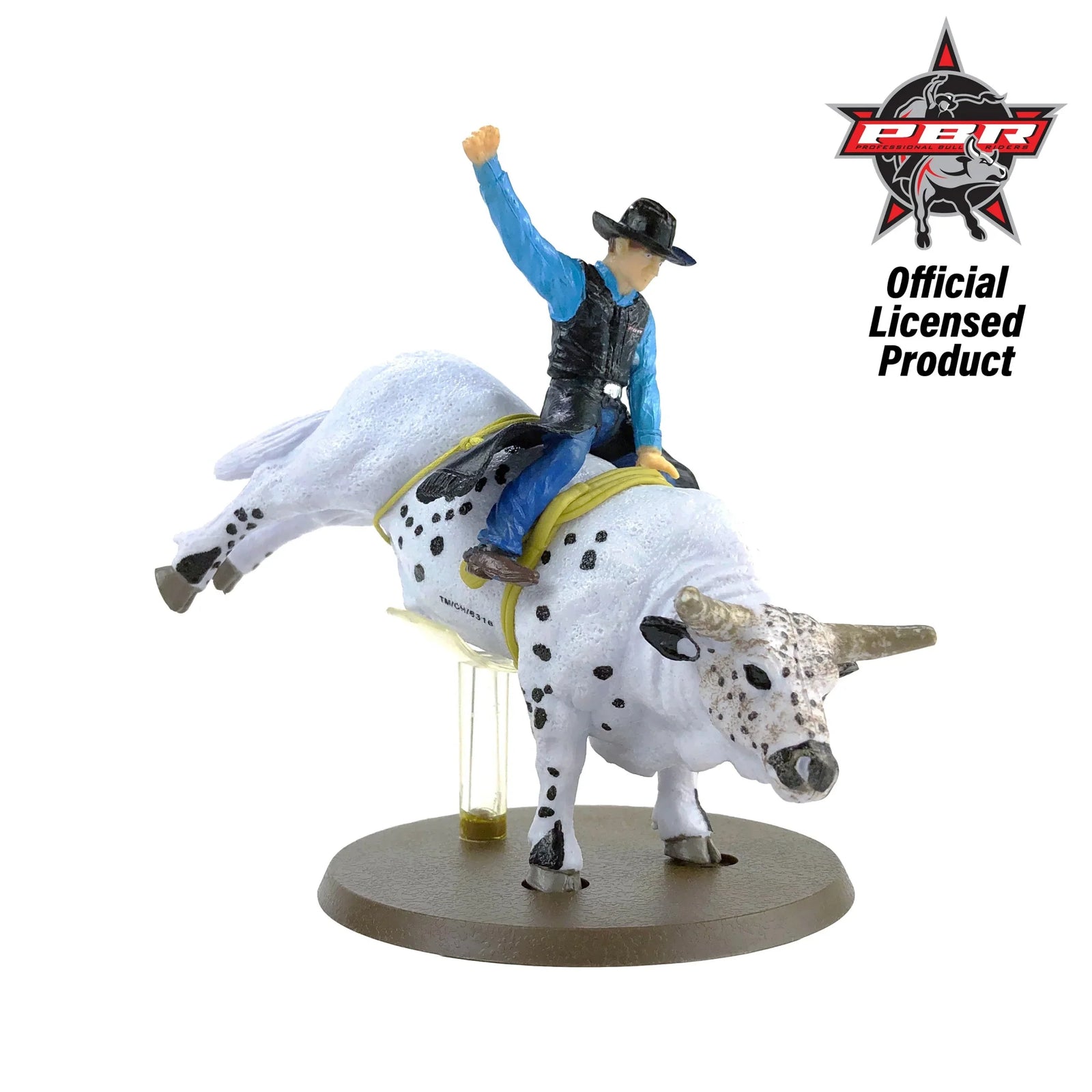 Figurine of a bull rider on a white bull with black spots, set against a white background. The figurine is an official licensed product of PBR.