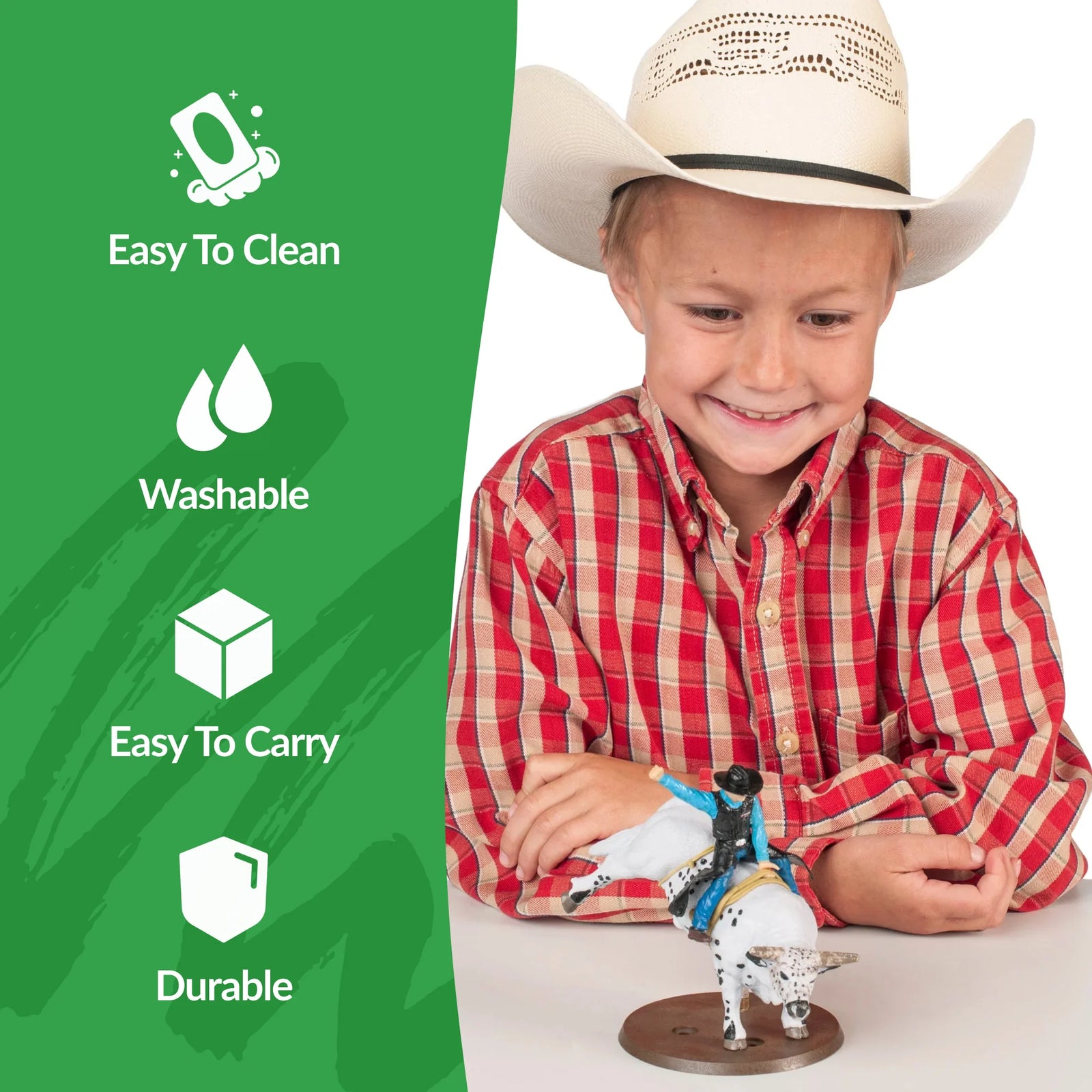 Child wearing a cowboy hat and red plaid shirt with a toy figure, surrounded by features like 'Easy to Clean', 'Washable', 'Easy to Carry', and 'Durable'.