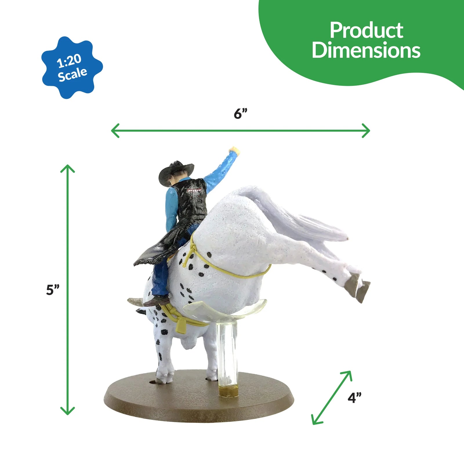 Figurine of a cowboy on a horse with dimensions indicated