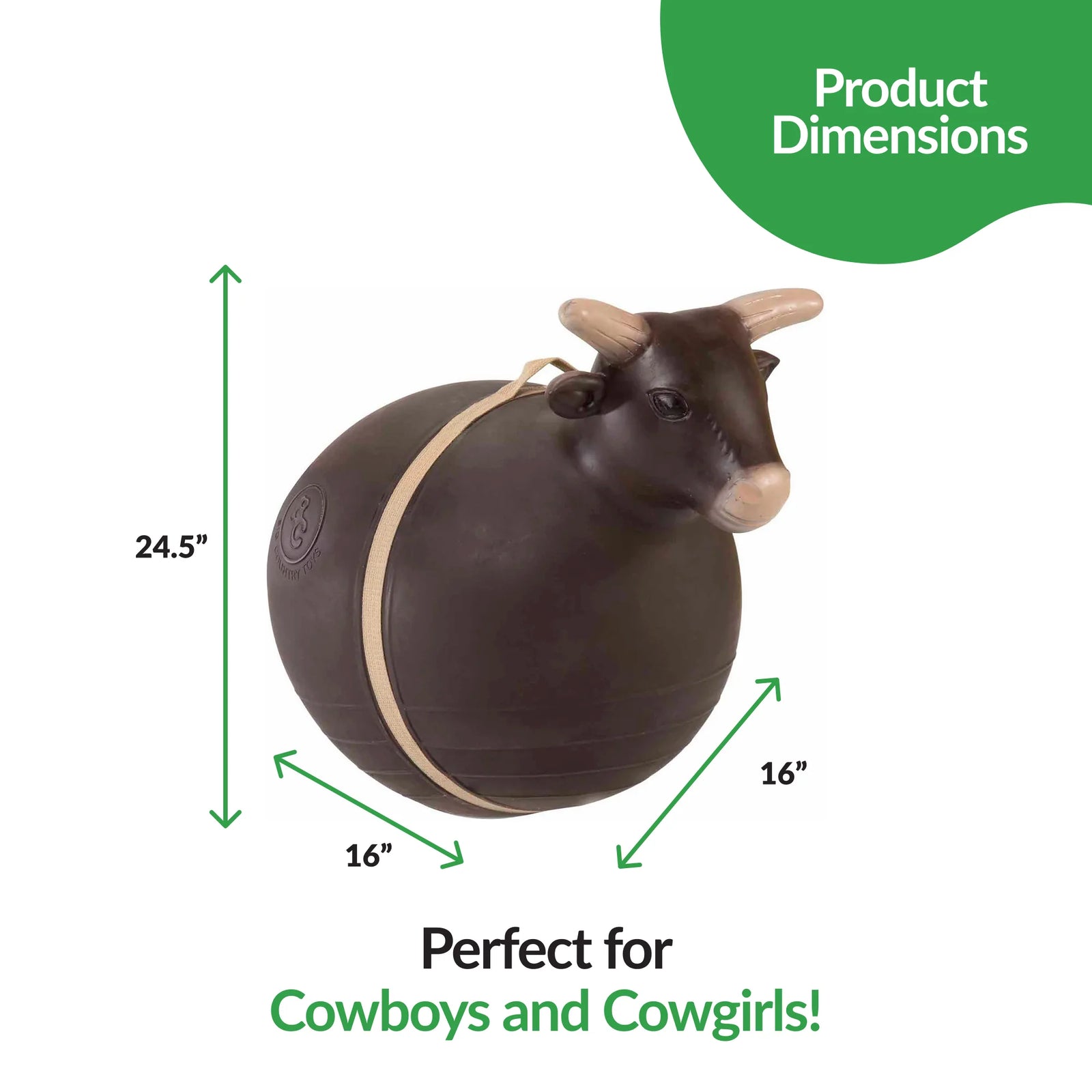 Big Country Toys Bouncy Bull. Product dimensions of a bull figure with text indicating it's perfect for cowboys and cowgirls.
