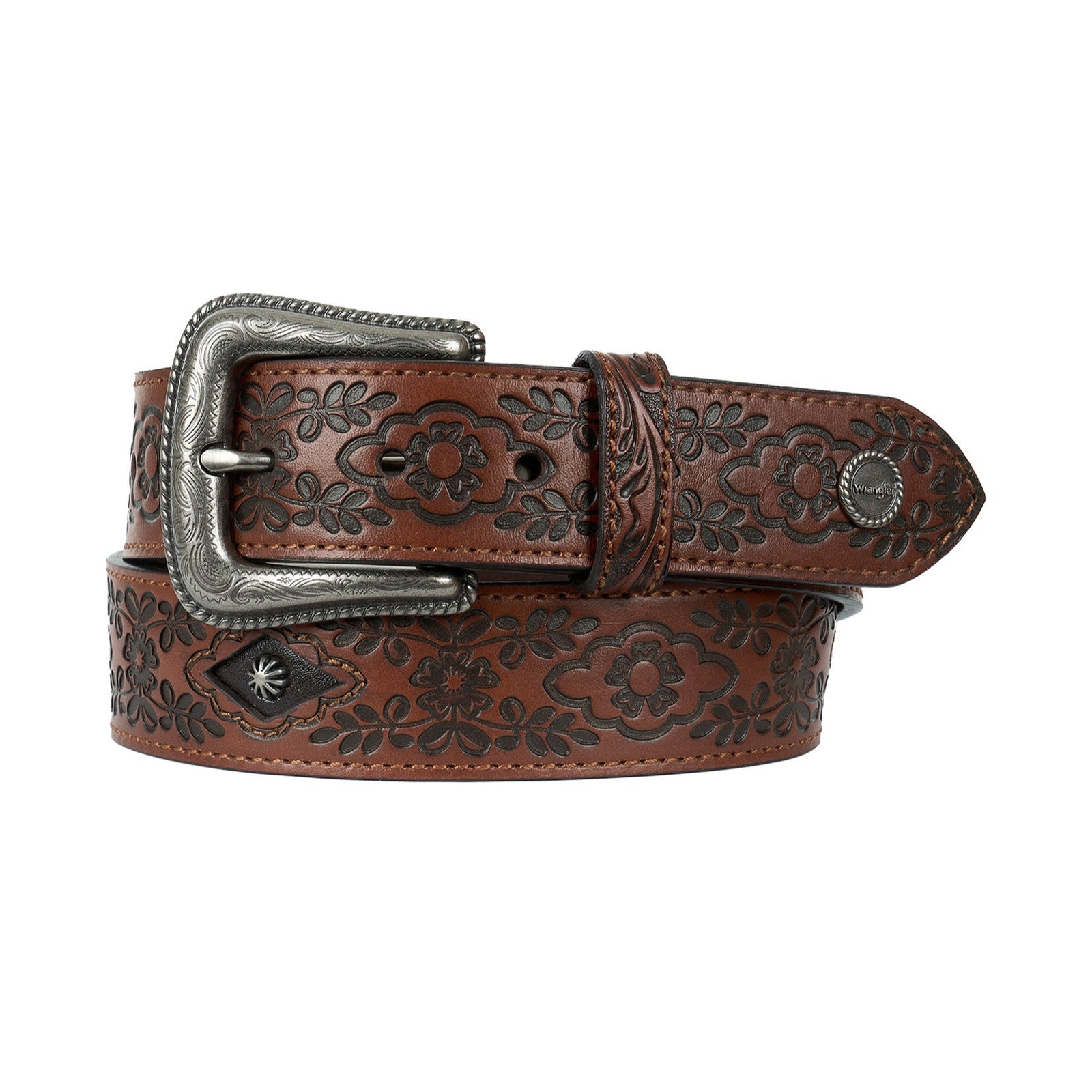 A Wrangler westrn brown genuine leather western belt for women with a tooled strap, dome studs, and a silver metal buckle featuring floral designs.