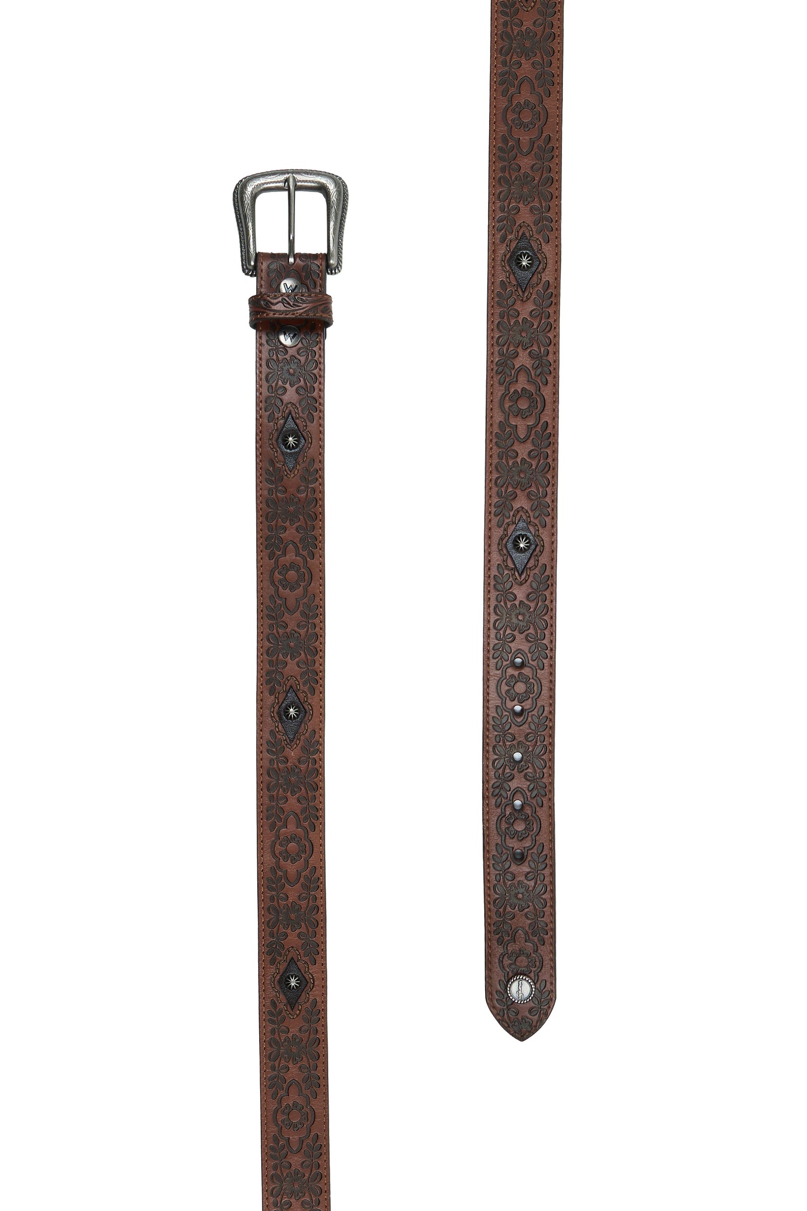 A Wrangler westrn brown genuine leather western belt for women with a tooled strap, dome studs, and a silver metal buckle featuring floral designs.