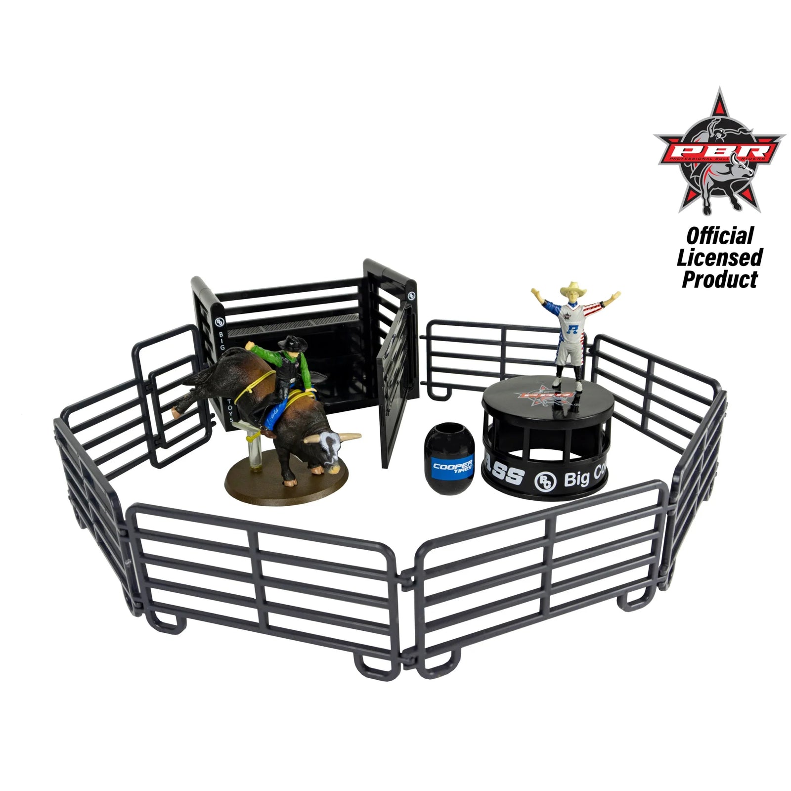 Big Country Toys 13-Piece PBR Bull Riding Set. Toy bull riding set with figures and arena on a white background, featuring PRCA branding.