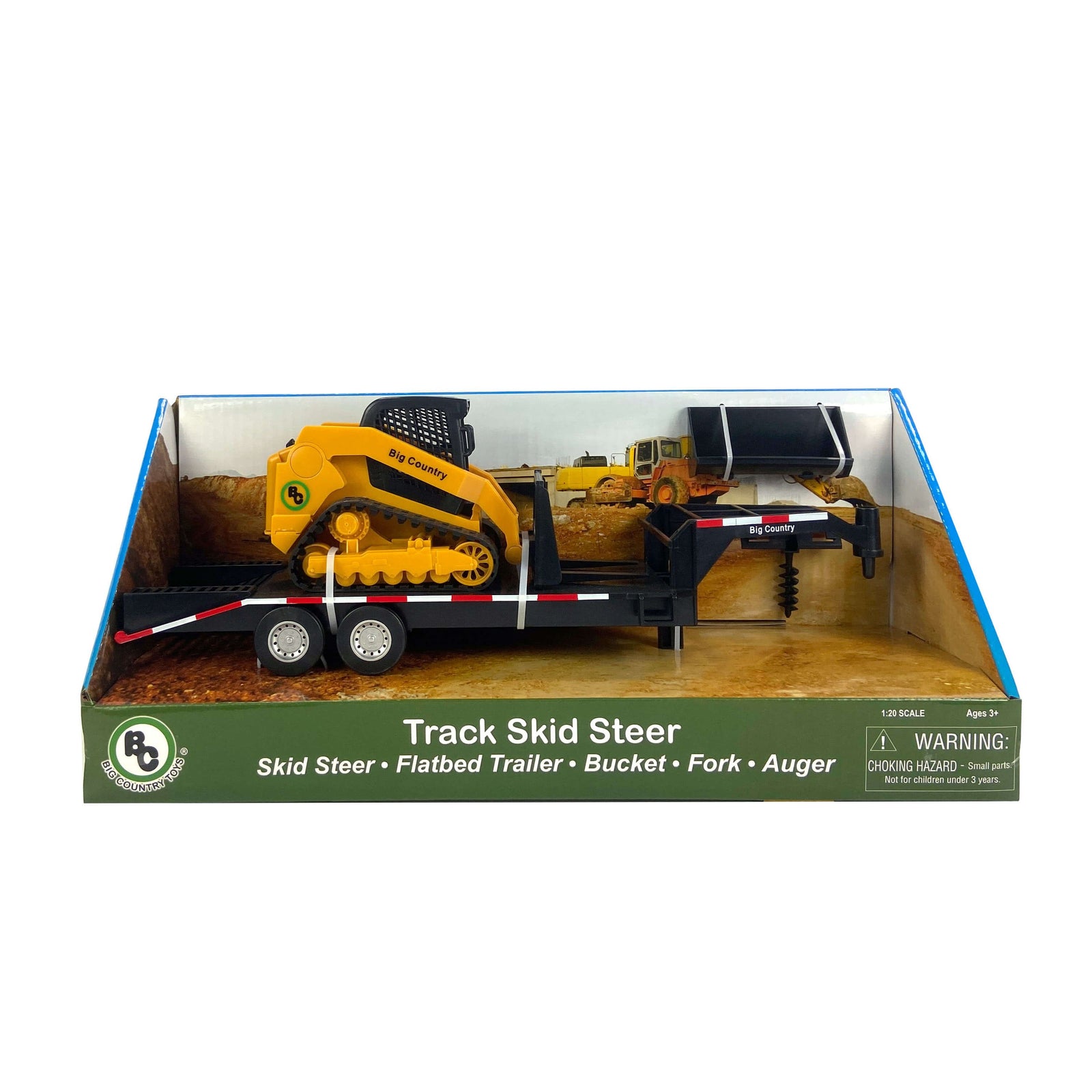 Big Country Toys Skid Steer, Trailer & Accessories. A packaged toy set including a yellow track skid steer with attachments and a flatbed trailer in a box.