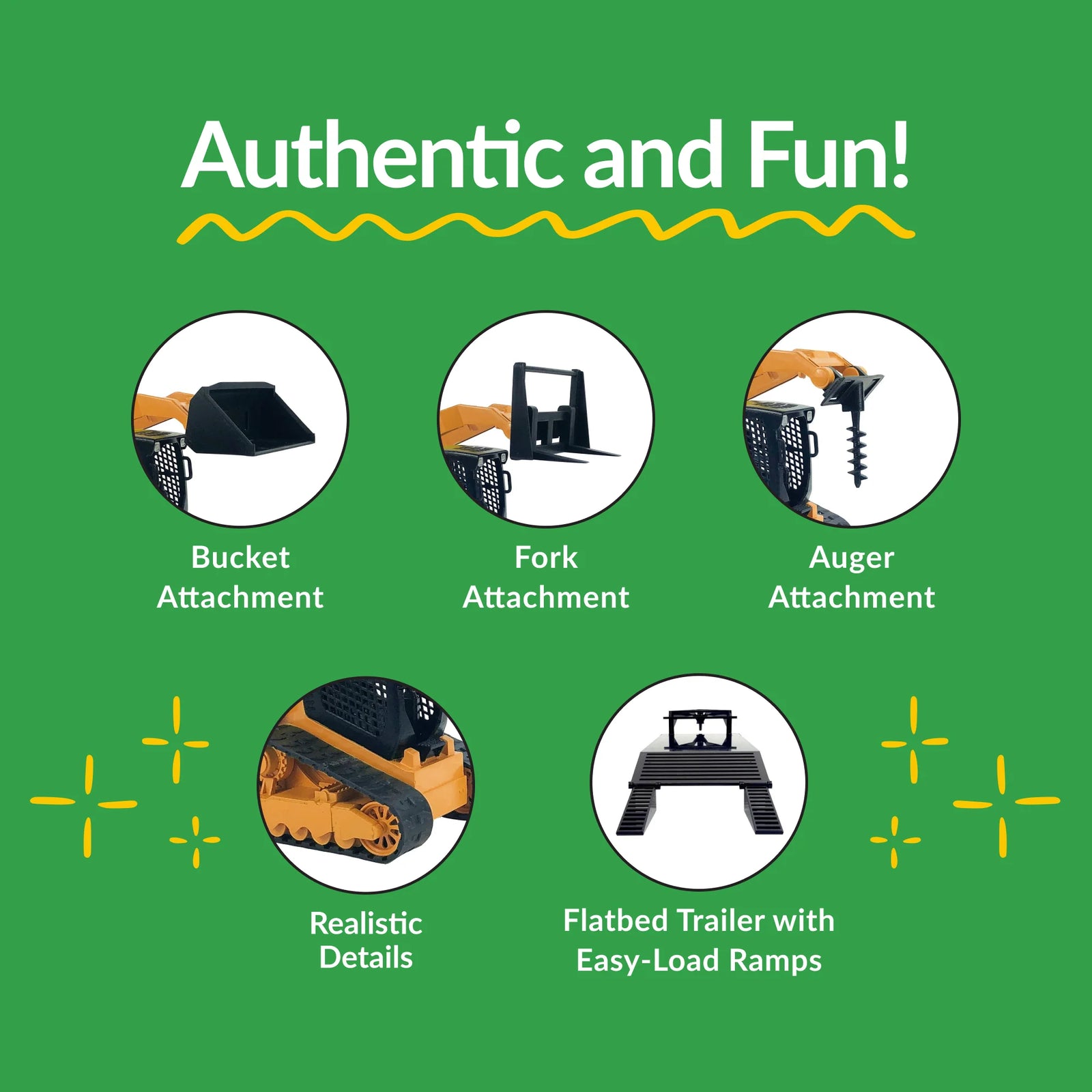 Big Country Toys Track Skid Steer, Trailer & Accessories. Product features with attachments on a green background