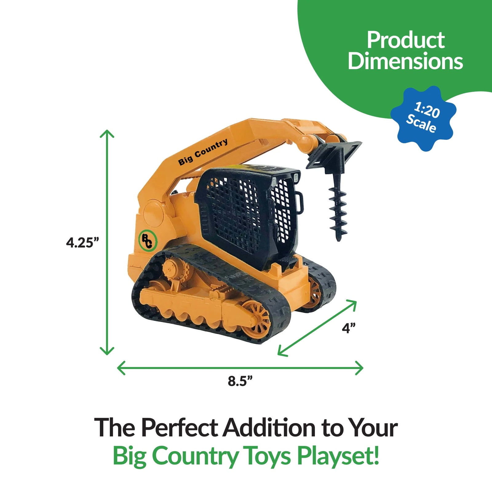 Big Country Toys Track Skid Steer, Trailer & Accessories. Toy excavator with dimensions labeled on a white background