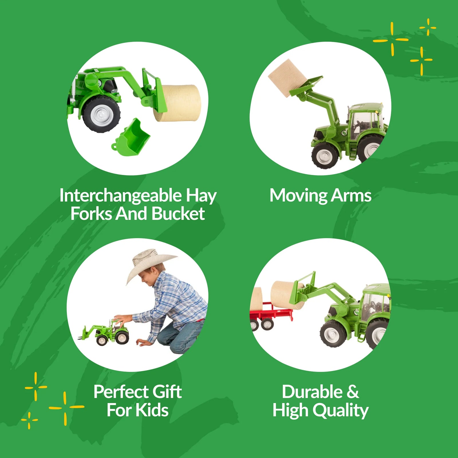 Toy tractor with interchangeable parts on a green background