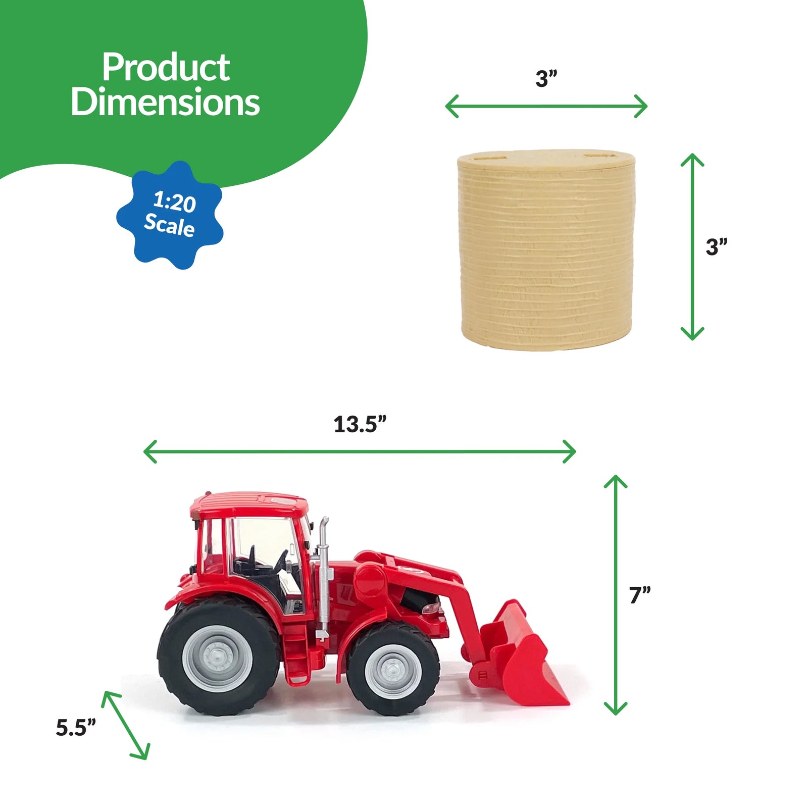 Measurement chart showing a red toy tractor and a cylindrical object with dimensions and scale information.