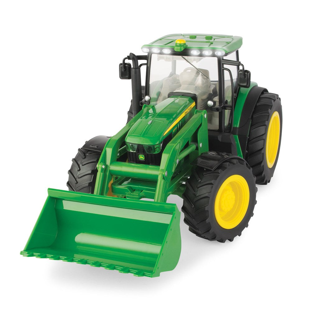 John Deere 1:16 JD 6210R Tractor with Loader. Green toy tractor with yellow wheels on a white background