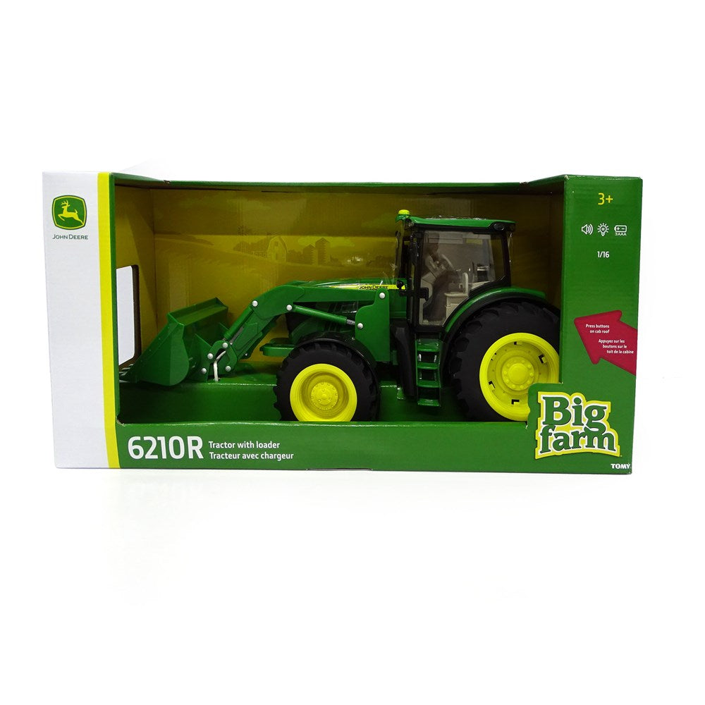 John Deere 1:16 JD 6210R Tractor with Loader. Toy tractor with loader in John Deere packaging on a white background