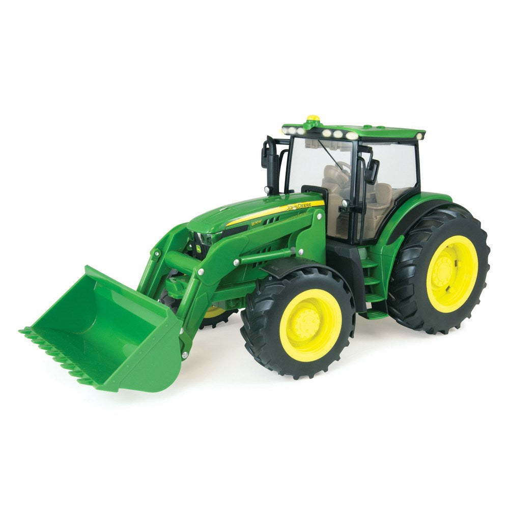 John Deere 1:16 JD 6210R Tractor with Loader. Green toy tractor with a front loader on a white background