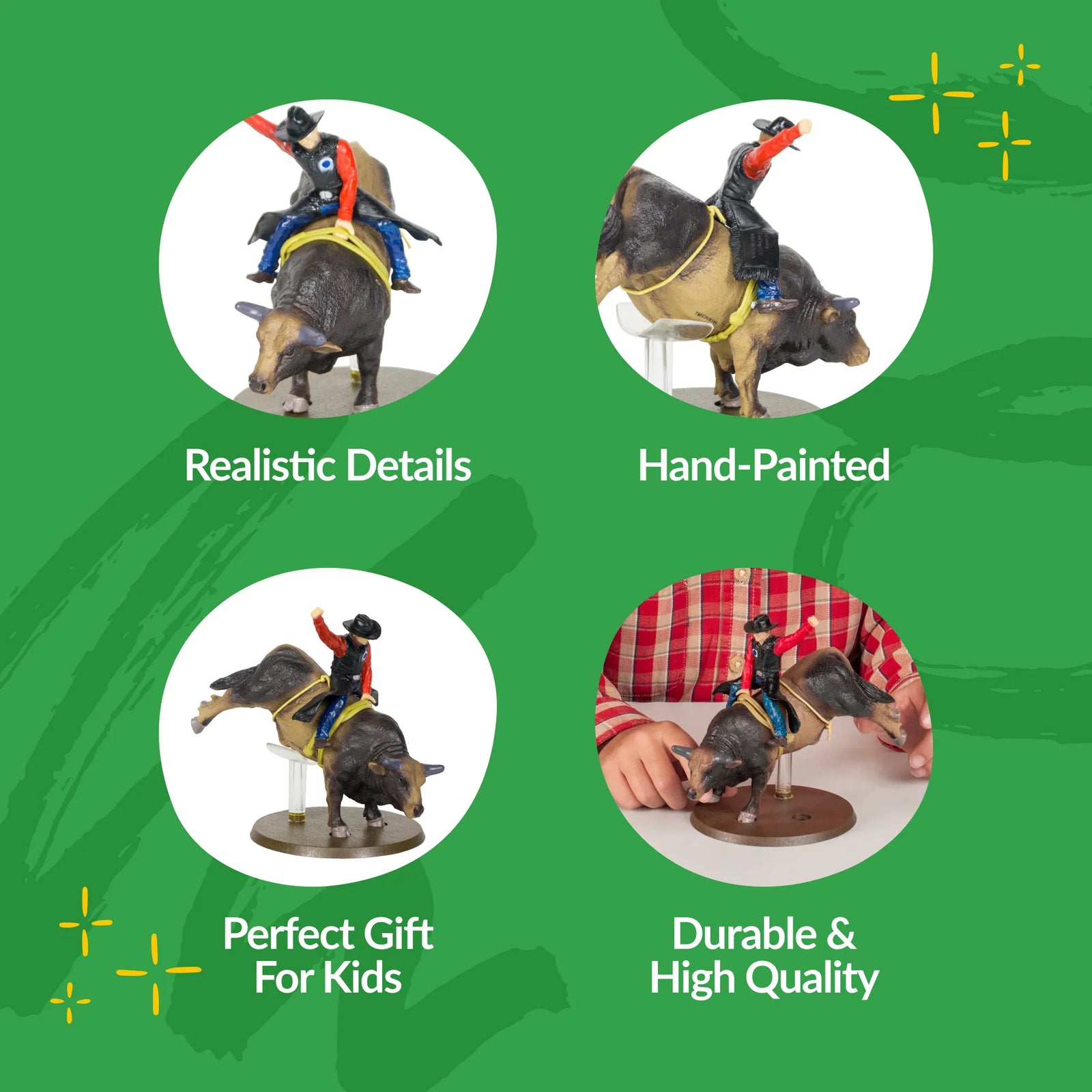 Big Country Toys PBR SweetPro's Bruiser. Figurine of a person riding a bull with promotional text on a green background