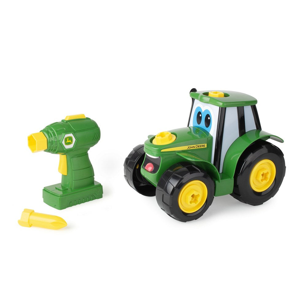 John Deere Build-A-Johnny Tractor. Toy tractor and drill set with a white background