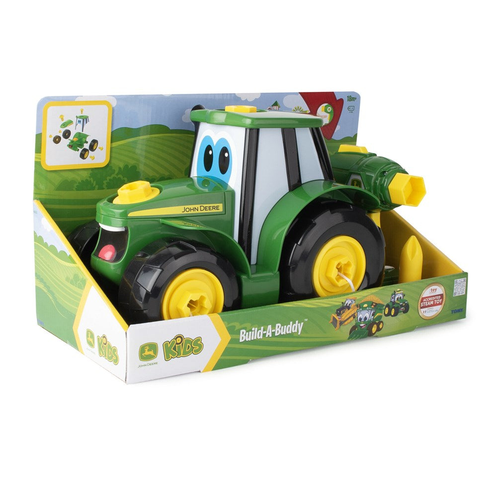 John Deere Build-A-Johnny Tractor. Toy tractor in packaging with John Deere branding on a white background