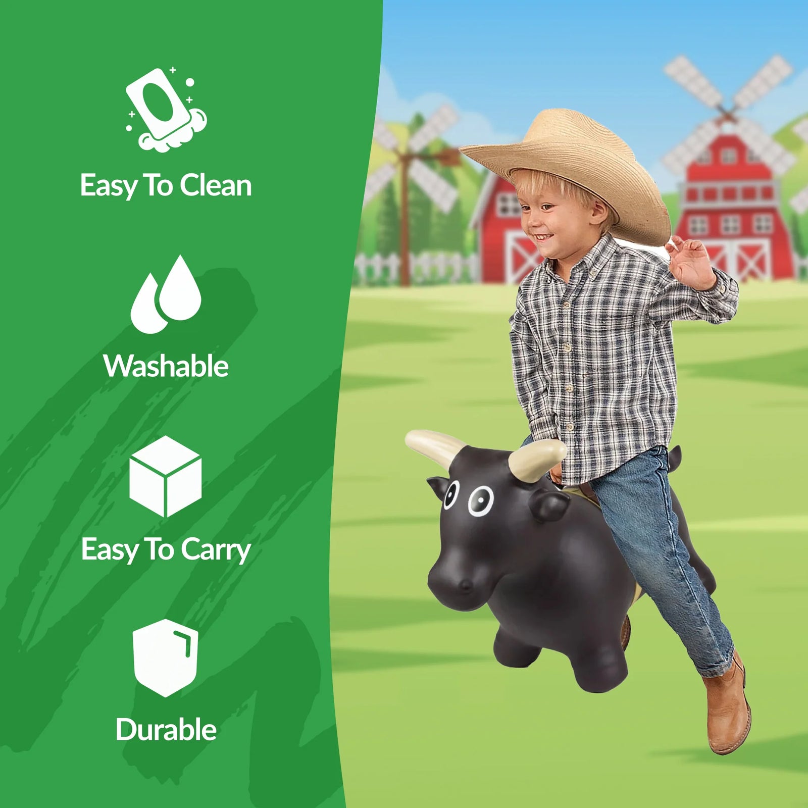 Big Country Toys Lil' Bucker Bull. Child riding a inflatable bull with farm background and product features on the left