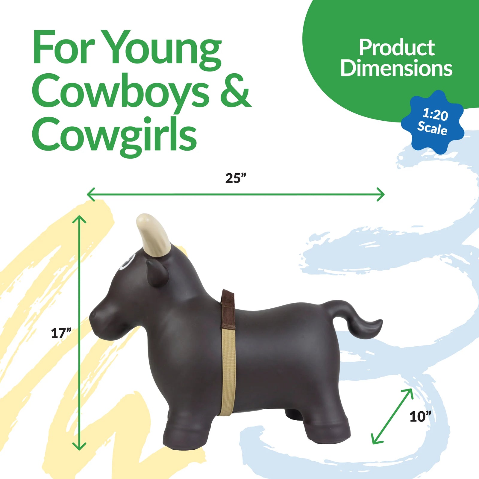 Big Country Toys Lil' Bucker Bull. Toy bull with dimensions and text for young cowboys and cowgirls on a colorful background