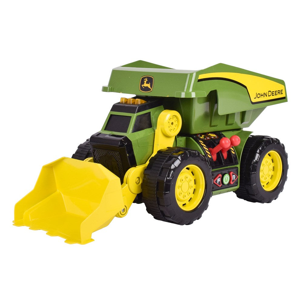 John Deere 46cm Motorised 'Lights & Sounds' 2-n-1 Dig & Dump Rig. Toy dump truck with yellow and green colors on a white background