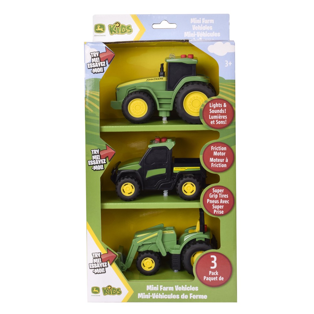 John Deere Lights & Sound Mini Tractors 3-pack. Packaged toy tractors with green and yellow colors on a white background