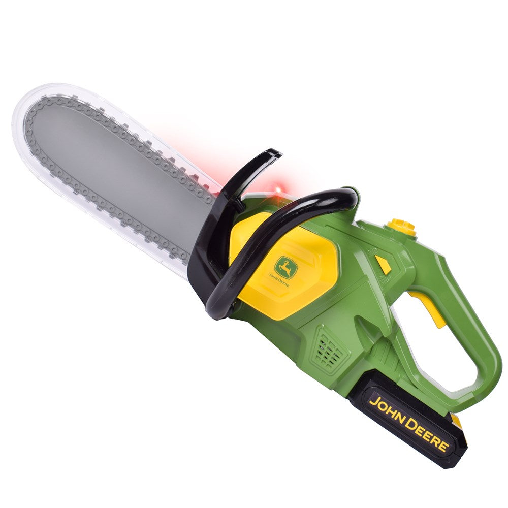 John Deere Motorised Chainsaw. Toy chainsaw with John Deere branding on a white background