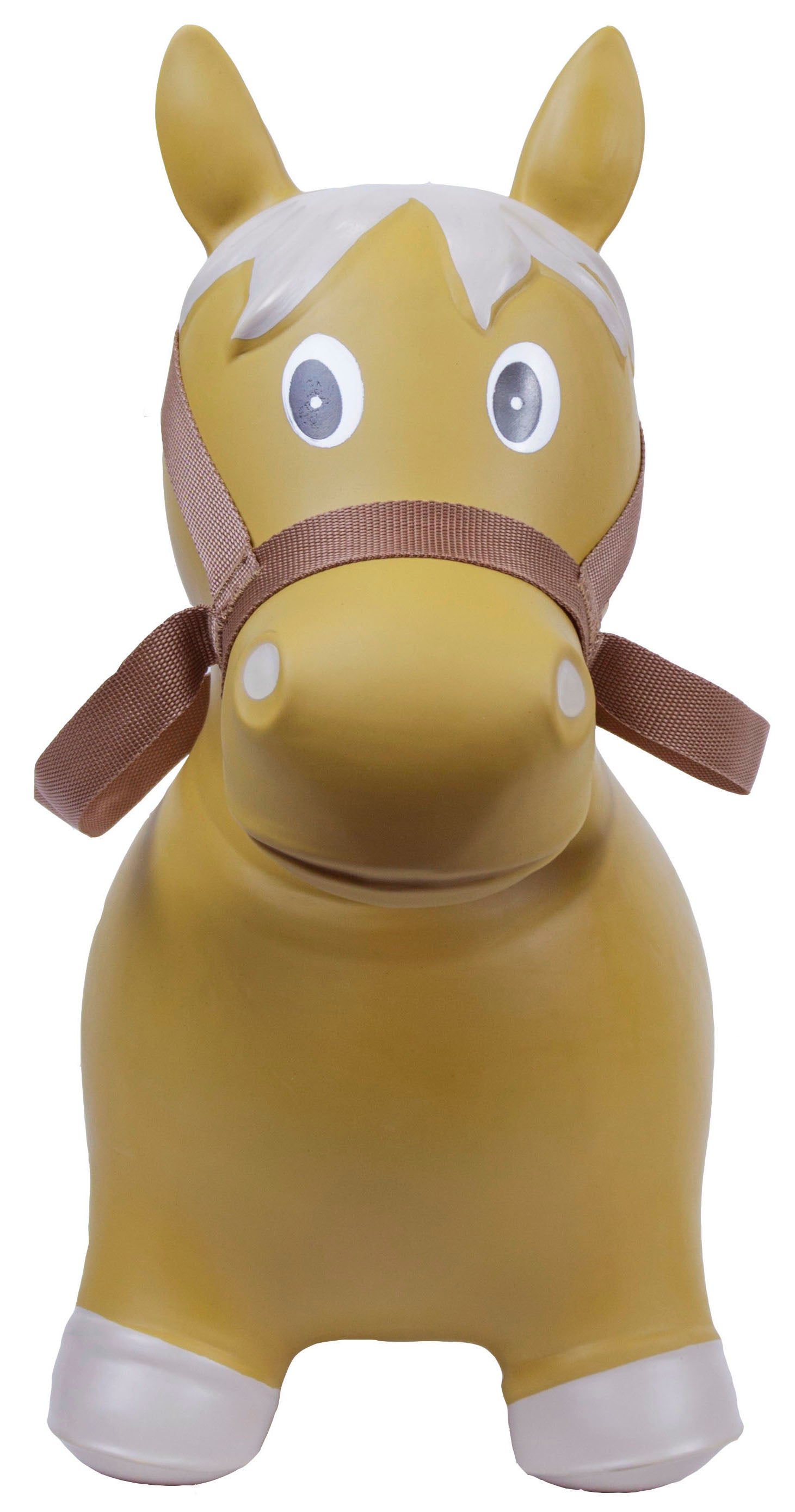 Big Country Toys Bouncy Lil Bucker Horse. A yellow riding toy horse with a brown bridle and details, designed for young children.