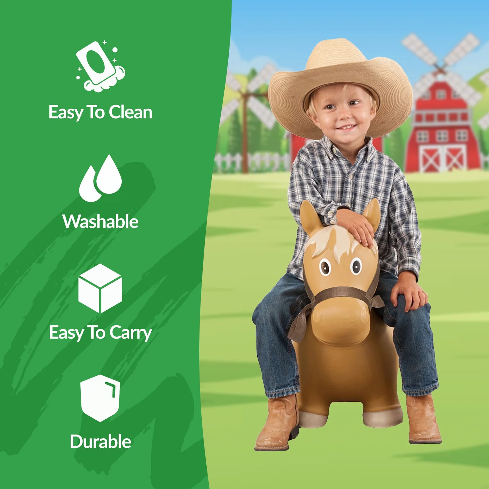 Big Country Toys Bouncy Lil Bucker HorseChild sitting on a toy horse with promotional features on a green background