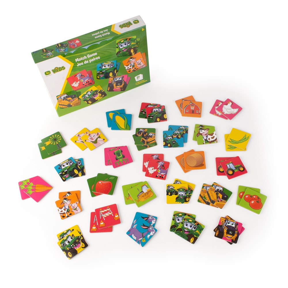 Children's matching game with colorful cards and a box on a white background