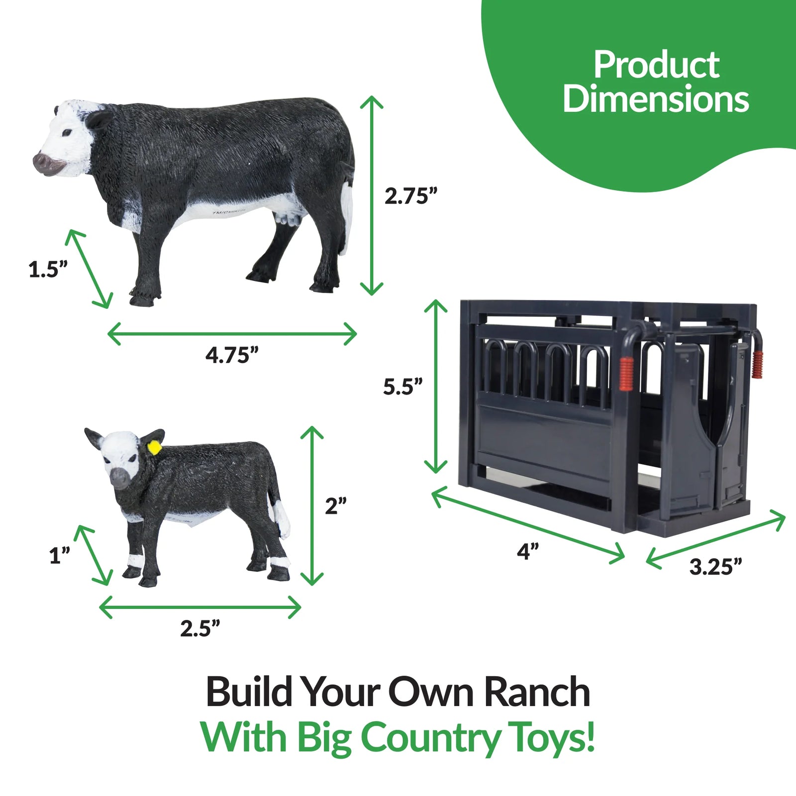 Big Country Toys 12 Piece Small Ranch Set. Product dimensions of a cow model and crate with text promoting Big Country Toys.