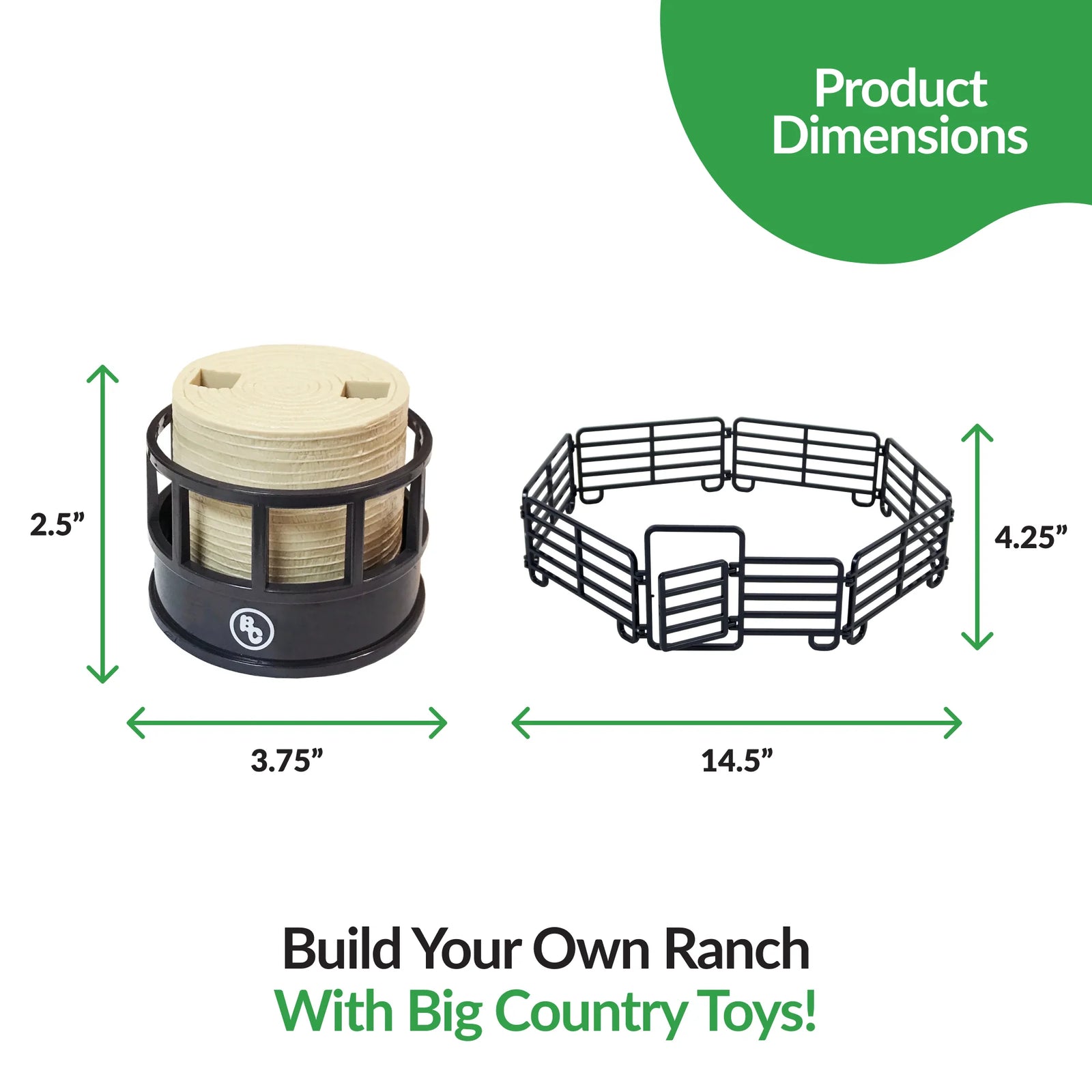Big Country Toys 12 Piece Small Ranch Set. Product dimensions of a toy ranch set with text 'Build Your Own Ranch With Big Country Toys!'