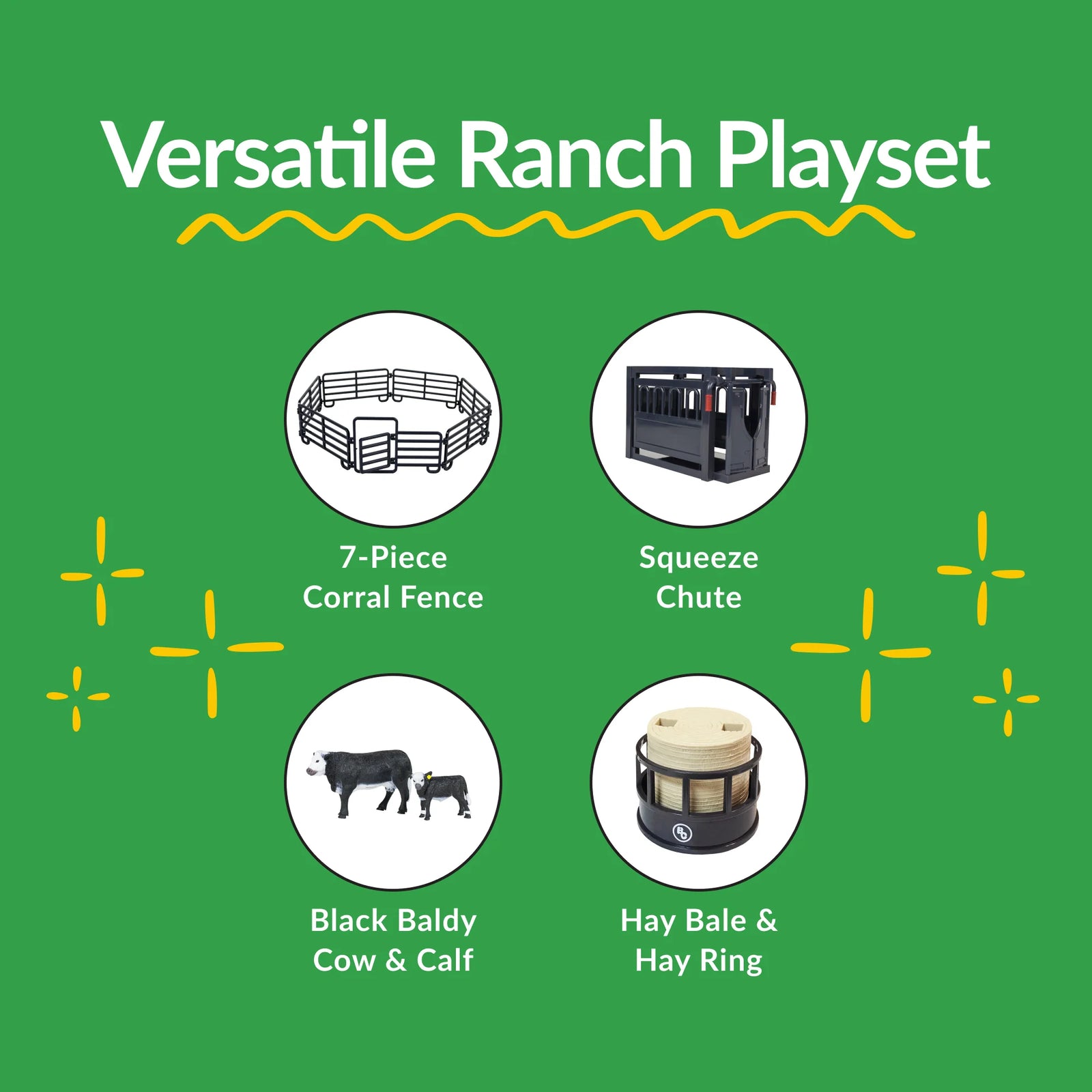 Big Country Toys 12 Piece Small Ranch Set. Versatile ranch playset with corral fence, squeeze chute, black baldy cow & calf, and hay bale & ring on a green background.