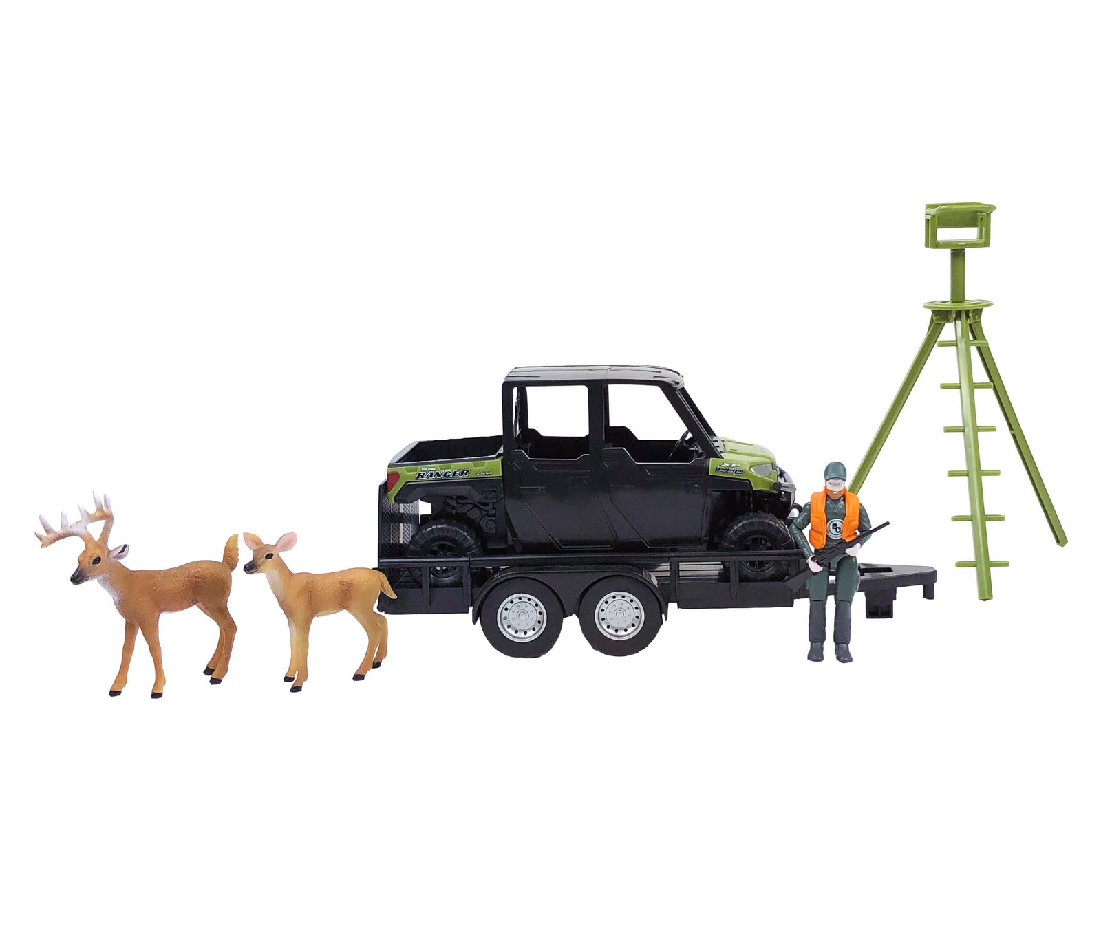 Big Country Toys Polaris Ranger. A toy set featuring a green and black Polaris Ranger ATV with a trailer, two deer figures, a hunting rifle, and a tree stand.