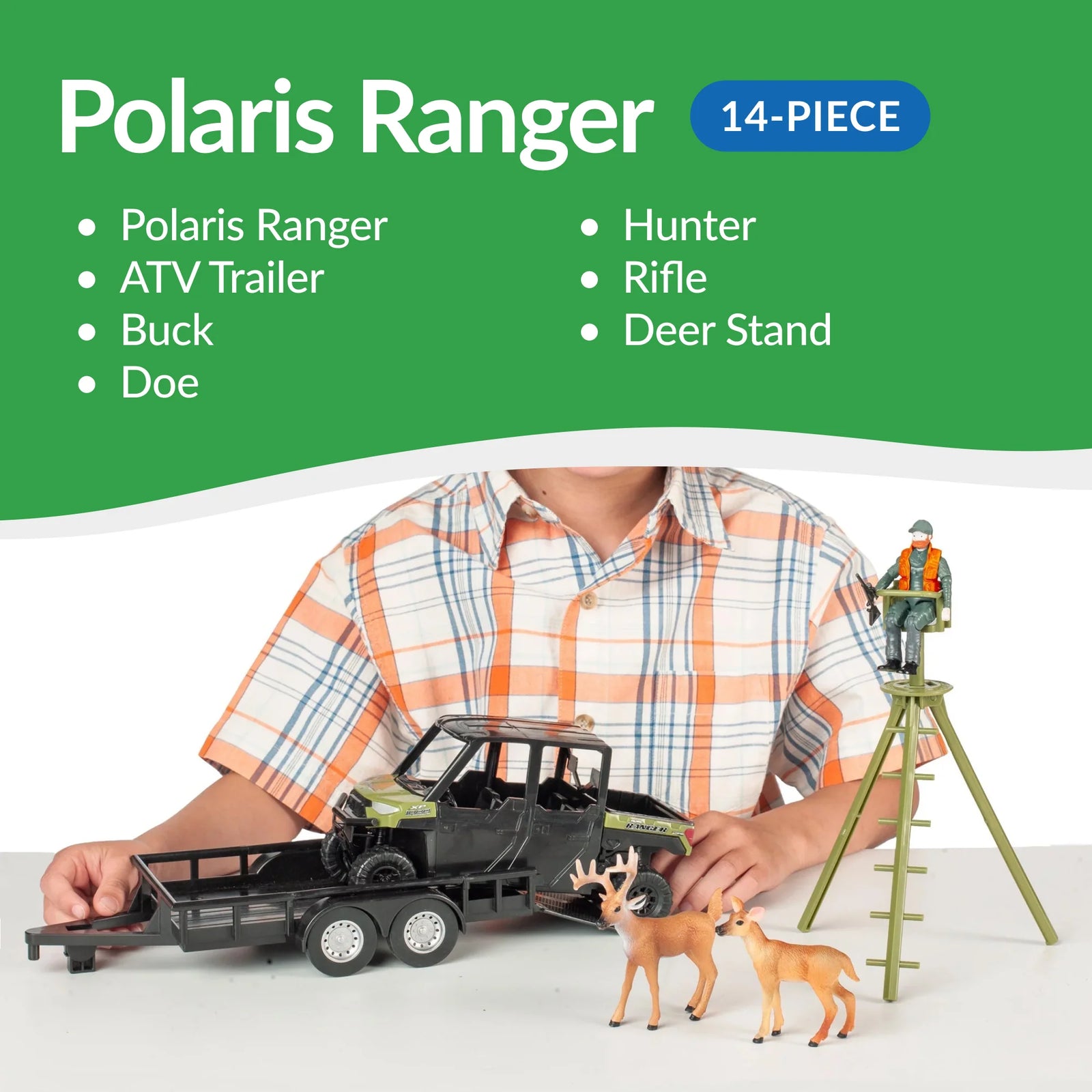 Polaris Ranger toy set with a child playing with toys including an ATV, deer, and hunter.