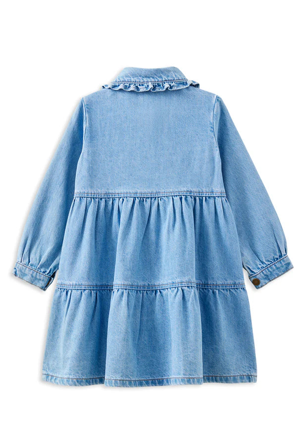 Blue denim dress with ruffled collar on a white background