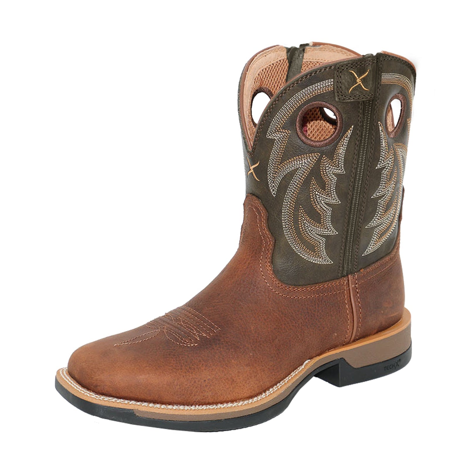 Twisted X Men's 9" Tech X1 Zip Western BootA brown Twisted X Men's 9 inch Tech X1 Zip Western Boot with a round toe and a pull-on design featuring the Twisted X logo on the top.