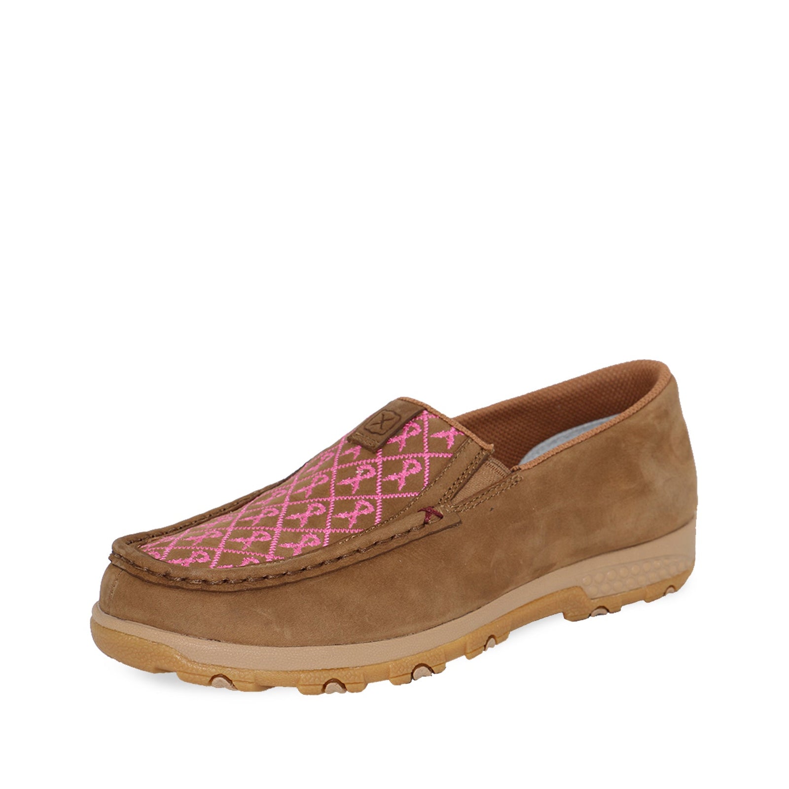 Twisted X Women's Pink Cellstretch Slip On. A brown and pink slip-on shoe with a geometric pattern on the upper.