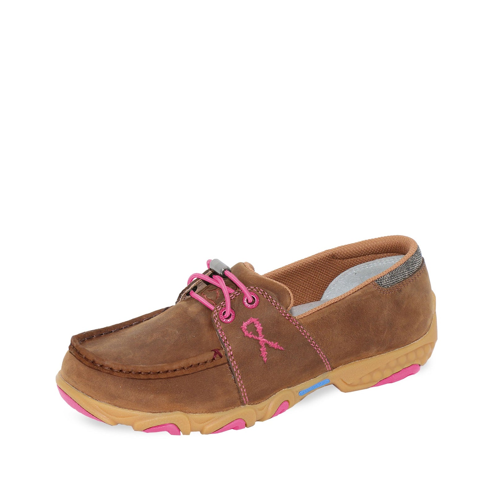 Twisted X Women's Cellstretch Mocs Elastic Tie. A brown Twisted X women's shoe with elastic ties and a pink detail on the sole.
